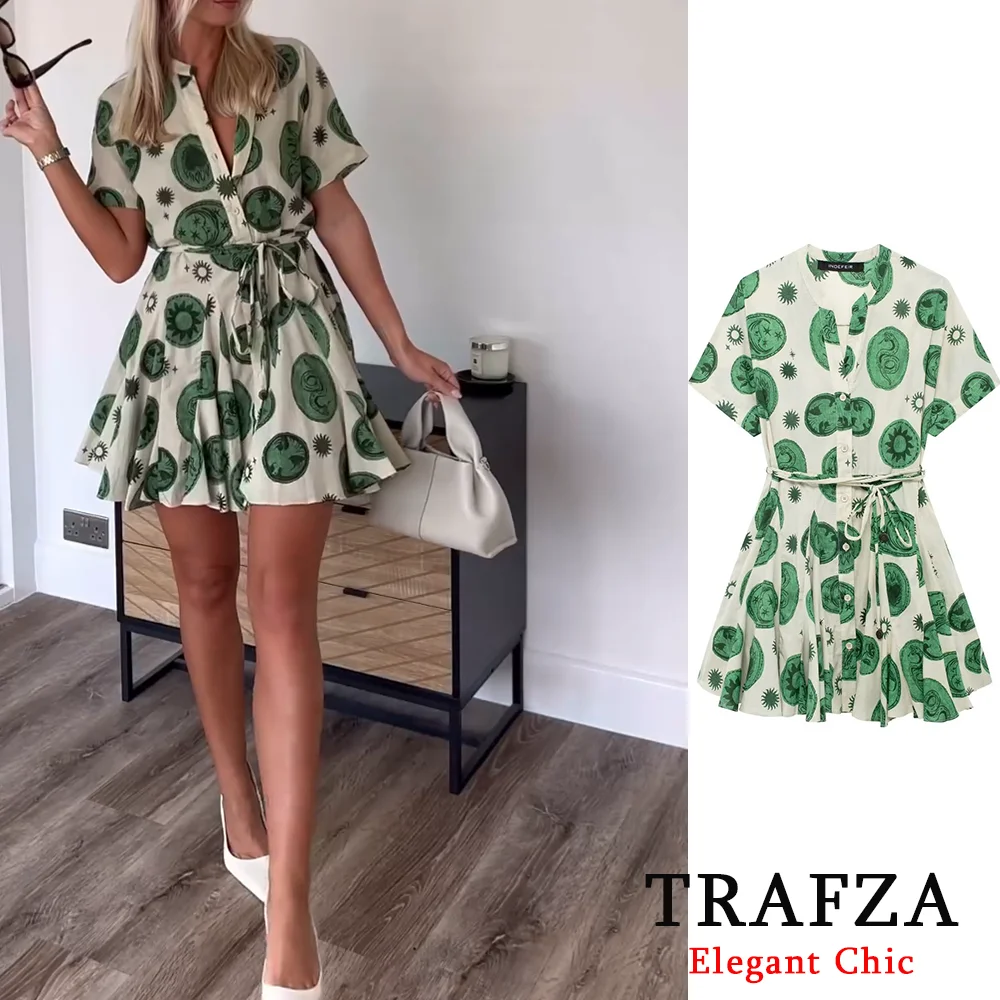 

TRAFZA Vintage Casual Printed Lace-Up Short Women Mini Dress Shirt Dresses New 2024 Summe Vacation Party Date Short Dress