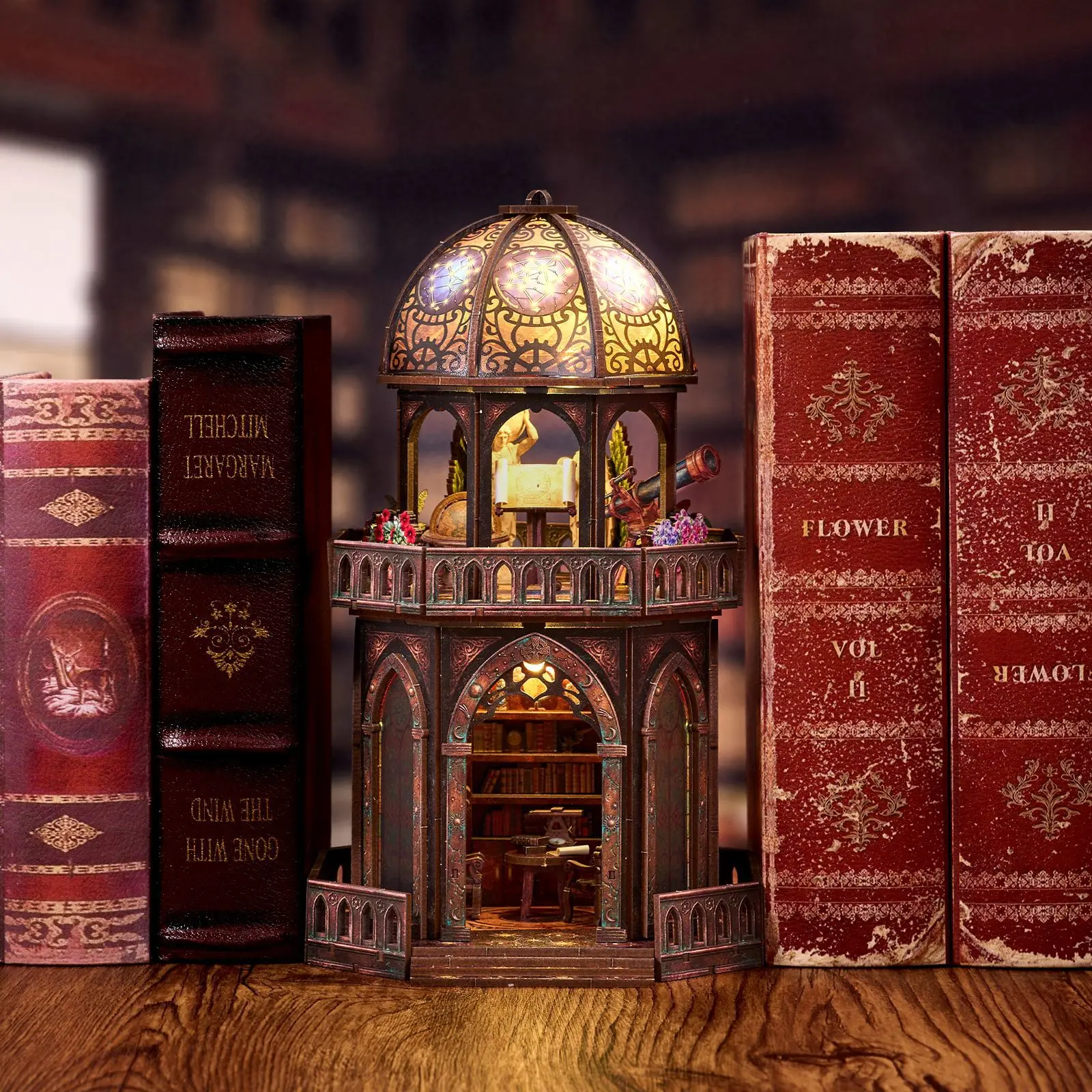 

DIY ObservatoryBookend 3D Puzzle,Wooden Miniature House Kit with LED Light,Astronomical Themed Diorama for Bookshelf Decor&Gift