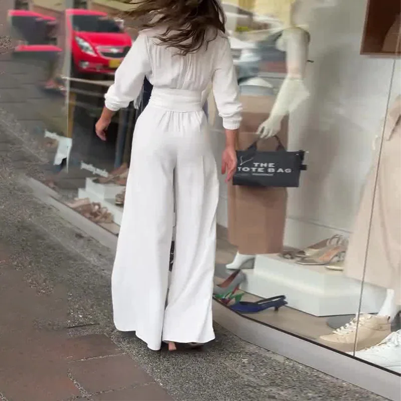 Fashion Lace-up Jumpsuit Autumn Office Ladies Turn Down Collar Solid Color Women Clothing Casual Commuting Style Female Clothes