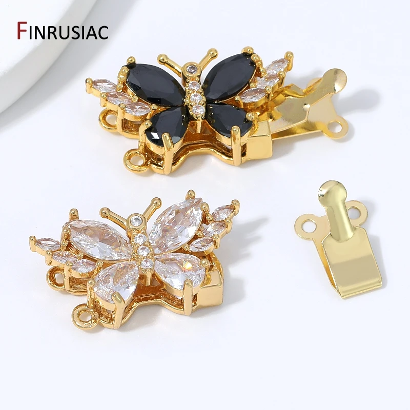 18K Gold Plated Brass Butterfly Box Clasp,2 Holes Zircon Insert Clasp Connector For DIY Pearl Necklace Bracelet Making Findings