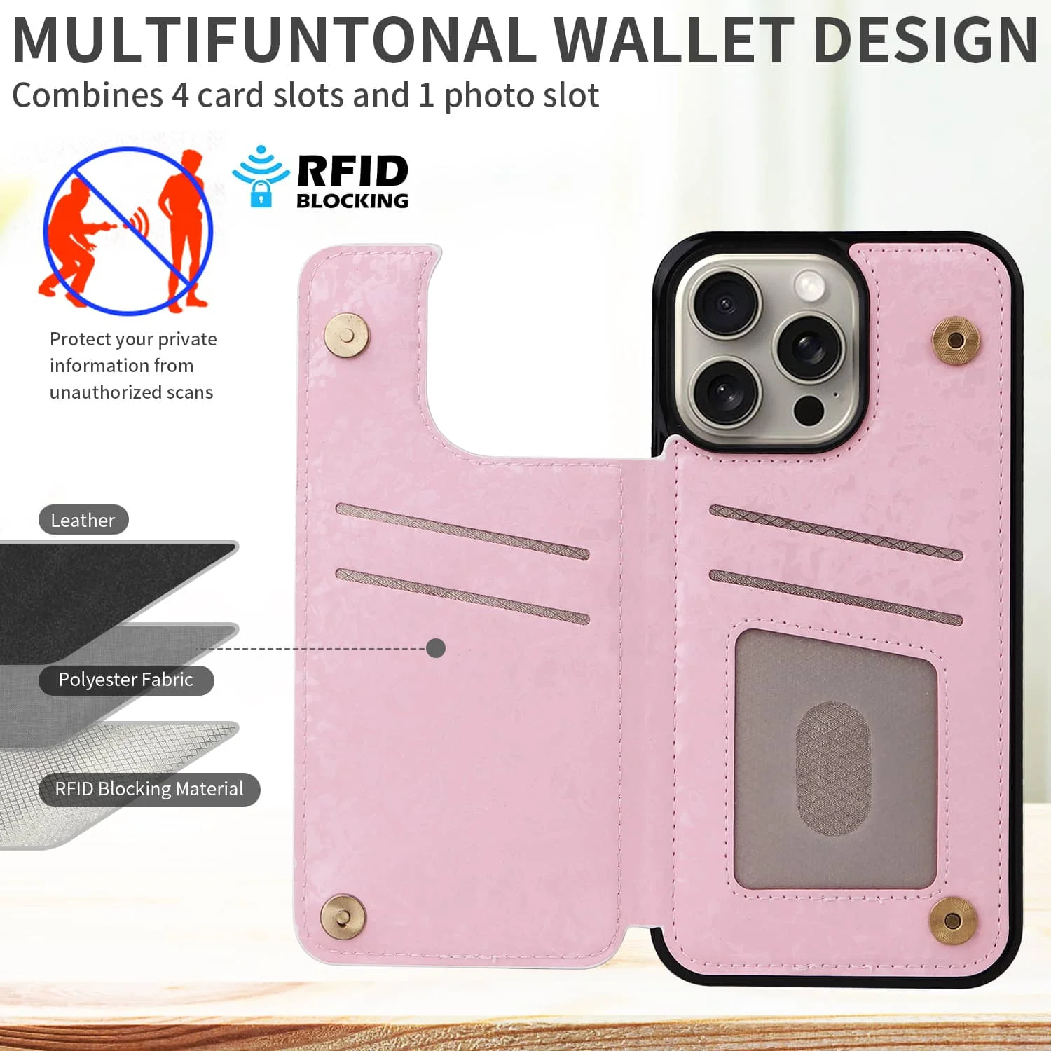 Wallet Case for iPhone 15/14/13/12/11 Pro Max with Card Holders, PU Leather Cover Kickstand RFID Blocking Double Magnetic Clasp