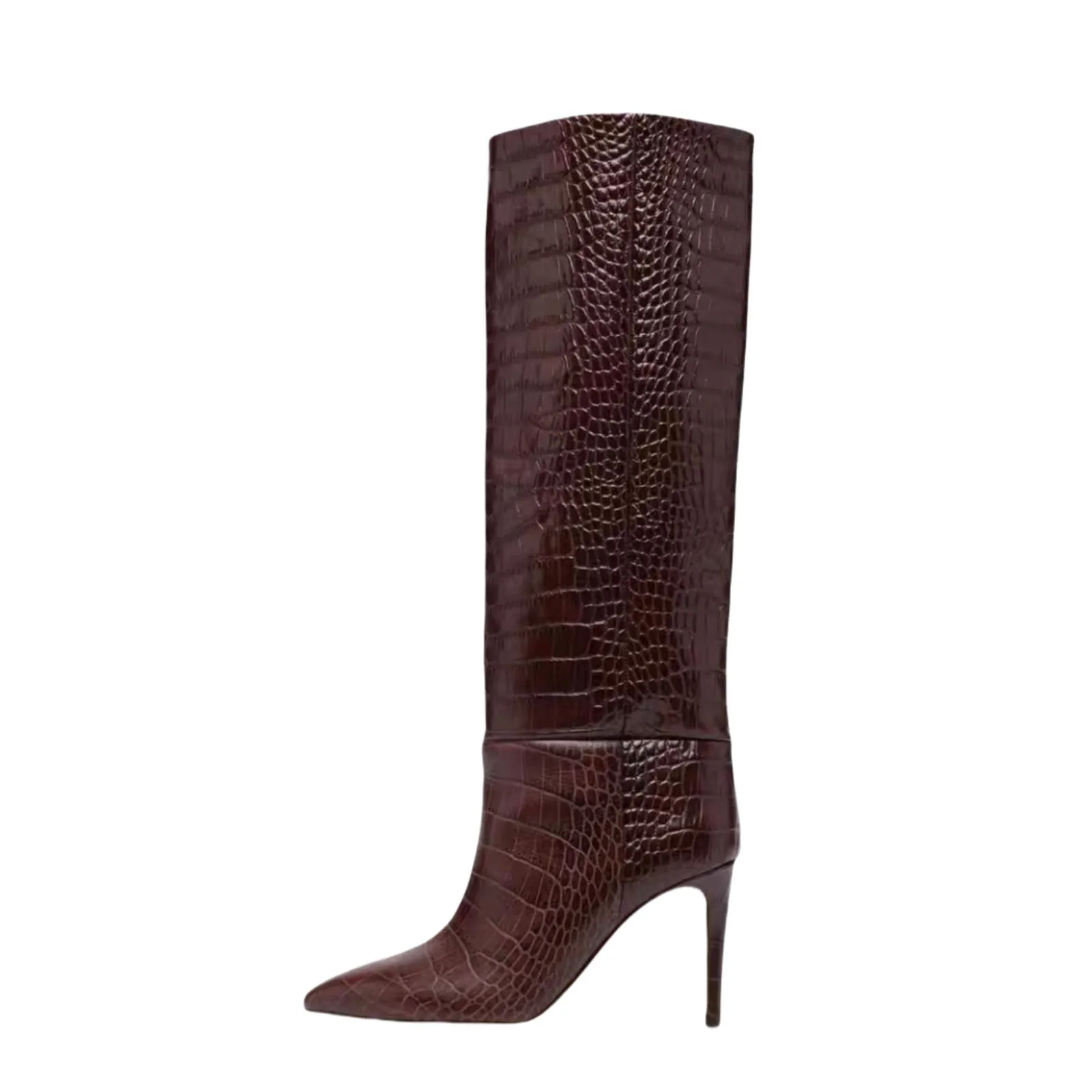 

Arden Furtado 2025 Brown embossed leather Mid-Calf boots Pointed toe Slip-on Stilettos heels Modern boots Extra large size