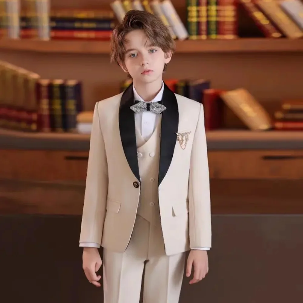 

Formal Boy Suit Set Children Party Host Wedding Costume Wholesale Clothing Coat Pants Vest 3Pcs Beige Blazer+Vest+Pant