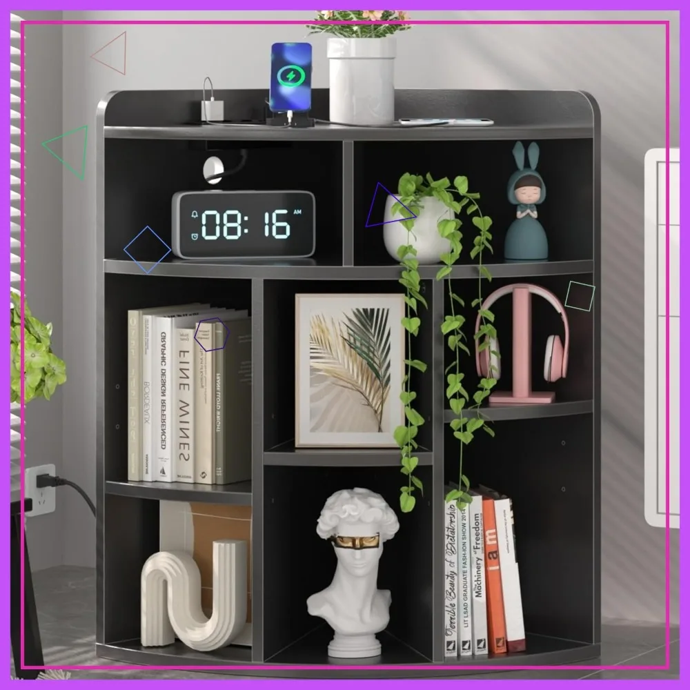 Rak Sudut Kubus dengan Port USB & Stopkontak, Rak Penyimpanan yang Dapat Disesuaikan untuk Ruang Tamu, Kamar Tidur, Dapur - Hitam