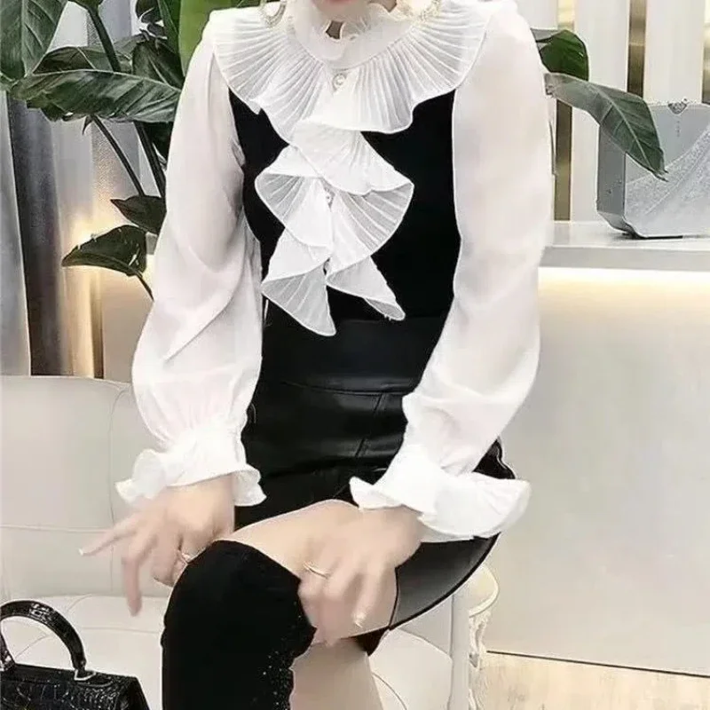 

Women Clothing Ruffles Patchwork Elegant Shirt Tops Spring Autumn Long Sleeve Contrast Office Blouse Fashion Vintage ZT253