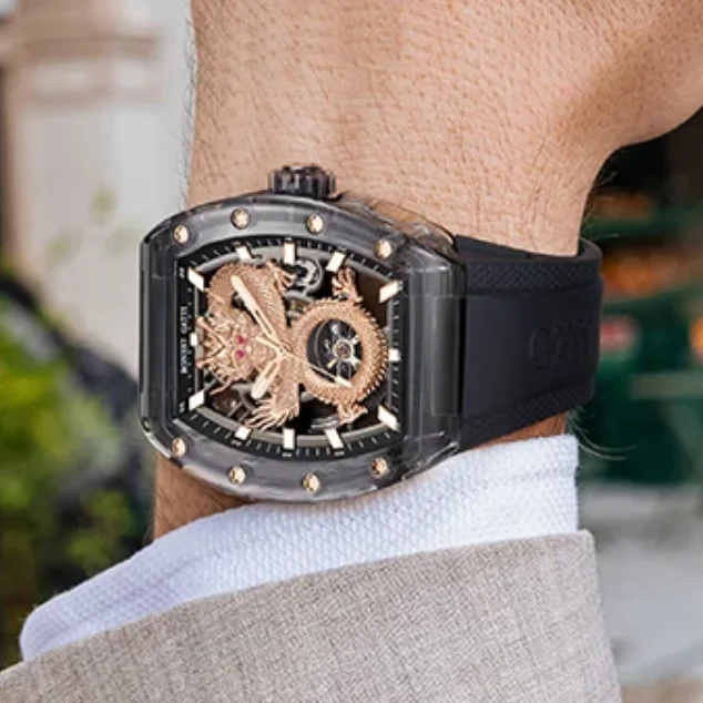 

BONEST GATTI Мужские автоматические часы 45 мм Tonneau Механические наручные часы Акриловый корпус Сапфировый светящийся скелетон Дракон Циферблат