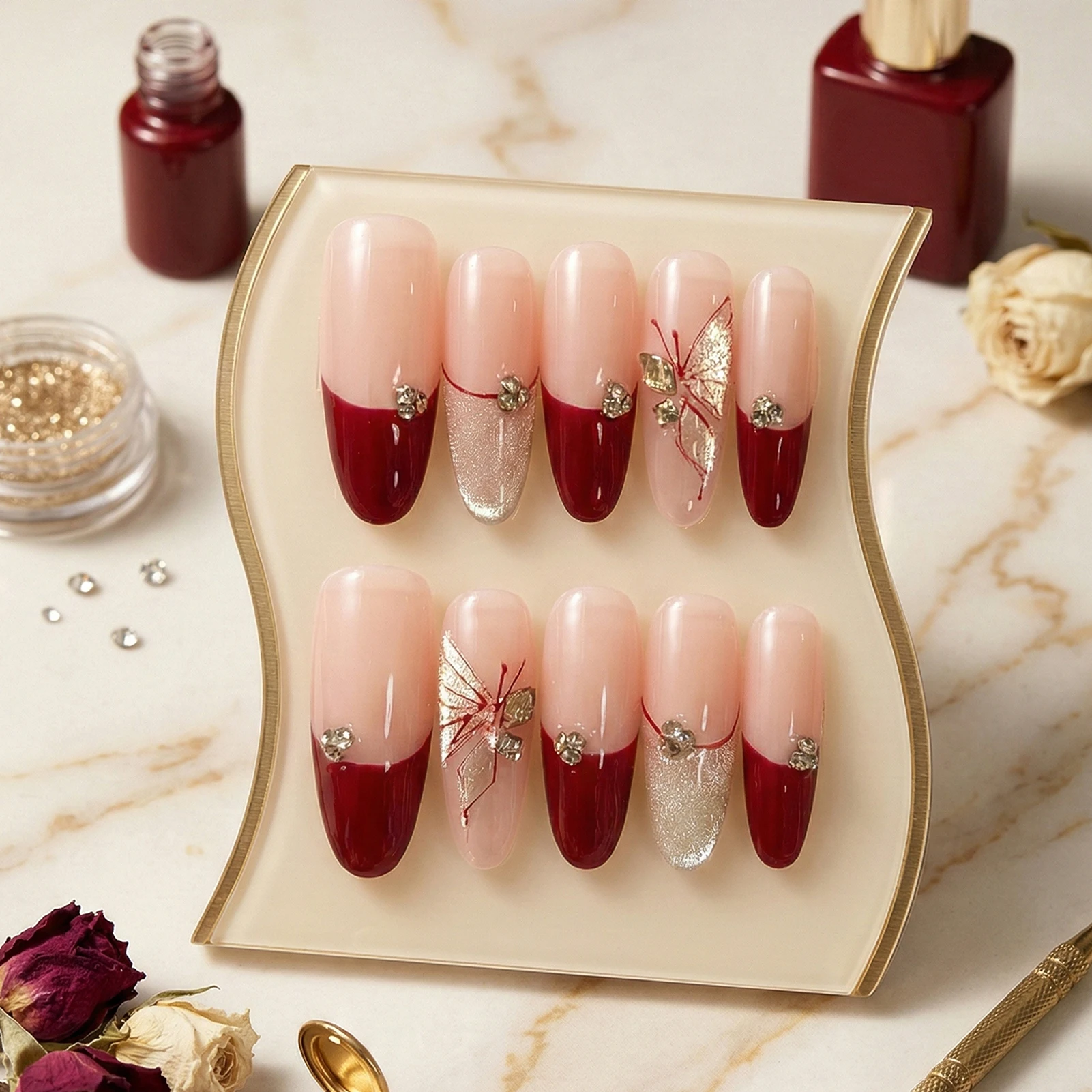 10pcs Reusable Press On Nails Elegant Burgundy Gold Butterfly Fake Nails for Party Wedding Events Luxury Cat Eye False Nail Tips