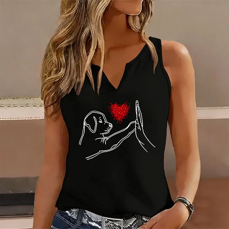 Funny Dog & Hand Love Tank Top T-shirt Sleeveless V Neck Casual Cute Vest T Shirts Women Short Sleeve Tee Shirt V-Neck