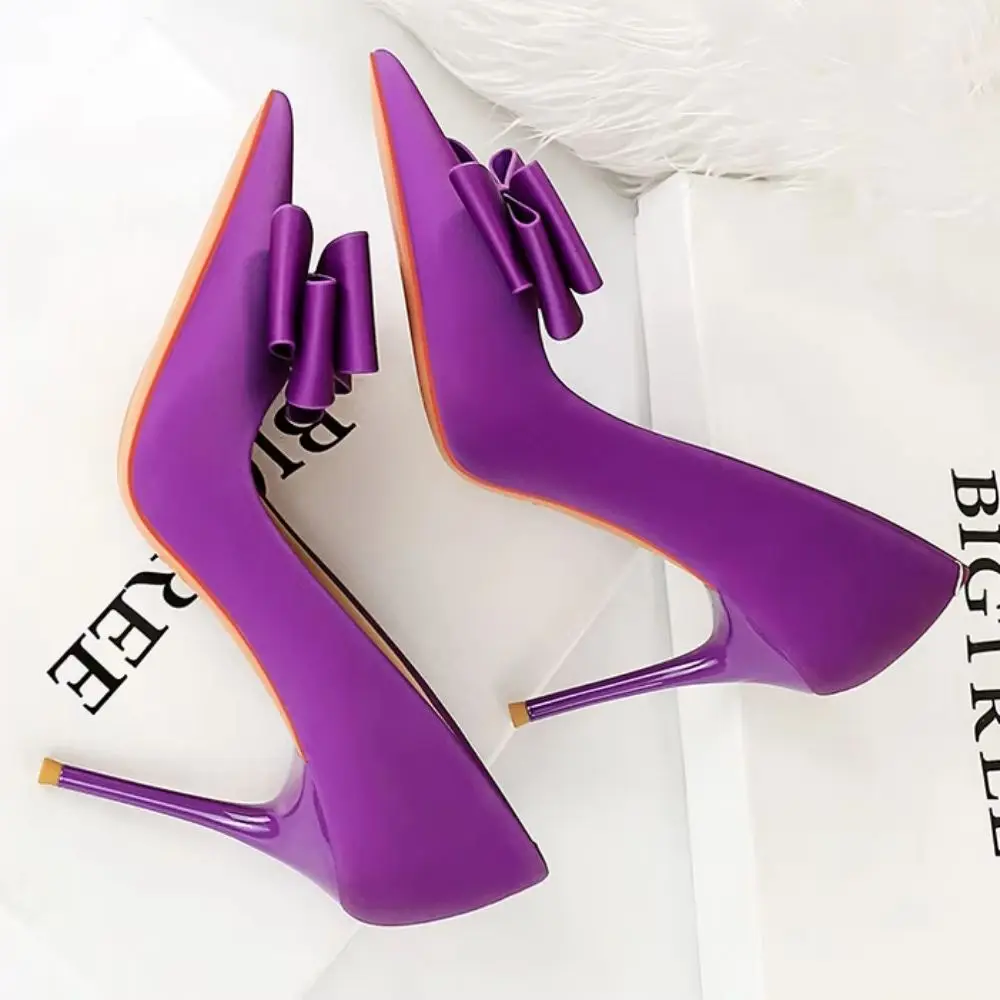 BIGTREE, tacones altos de 10cm para mujer, zapatos de tacón con nudo de mariposa de seda satinada, tacones de novia para boda, Escarpins, pasarela, zapatos verdes y morados