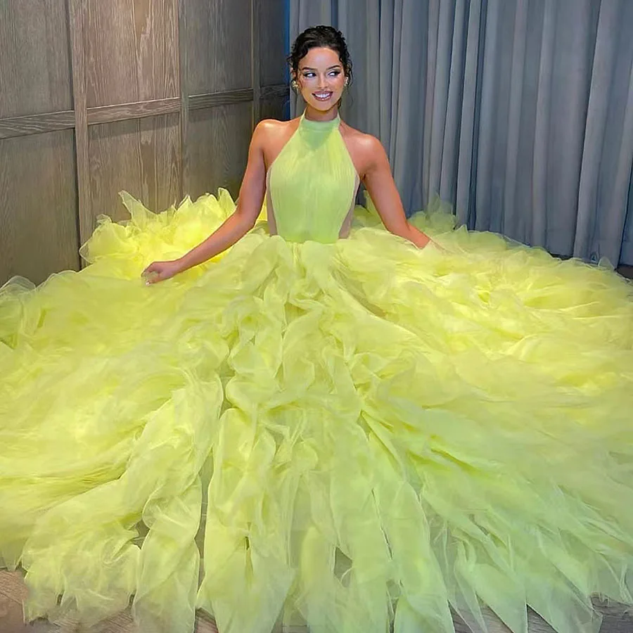 

Sweet Lemon Yellow Prom Dresses Handmade Tulle Multi-layer Evening Dress Sexy Halter Backless Corset Formal Occasion Party Dress