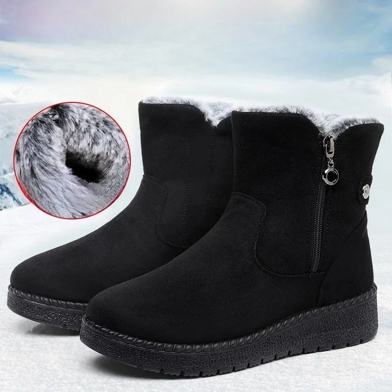 2026 New Women Middle Aged Snow Boots Plush Rabbit Fur Warm Anti-slip Winter Mom Casual Shoes