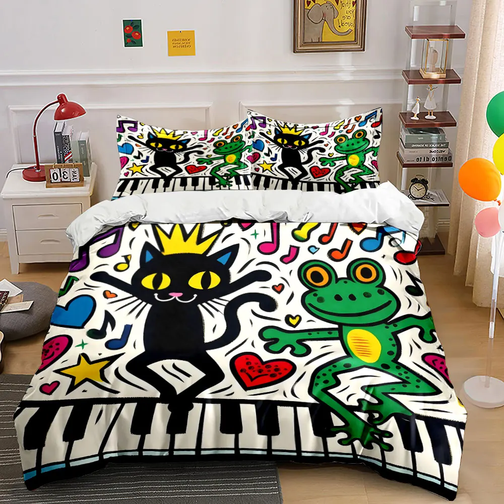 Cat and Frog Fun Party Print Bedding Set 1 Duvet Cover 2 Pillowcases for Adult and Children Luxury Gift Full Size