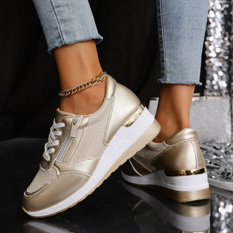 

Plus Size Fashion Wedge Sneakers for Women Gold Silver Platform Sports Shoes Woman Lightweight Breathable Casual Running Shoes