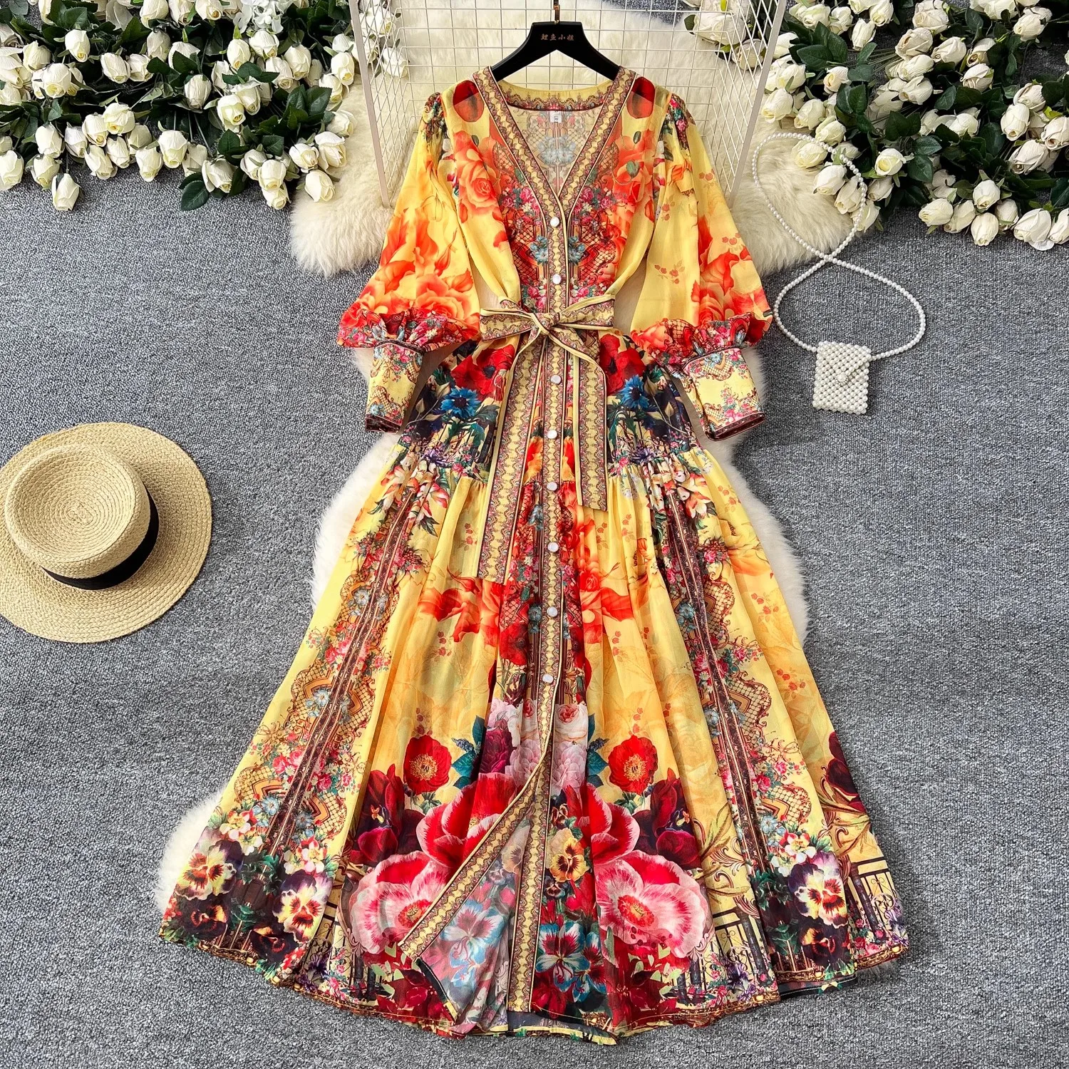 2025 Spring Summer Gorgeous Floral Print Chiffon Boho Dress Women V Neck Single Breasted Lace Up Belt Long Party Robe Clothing