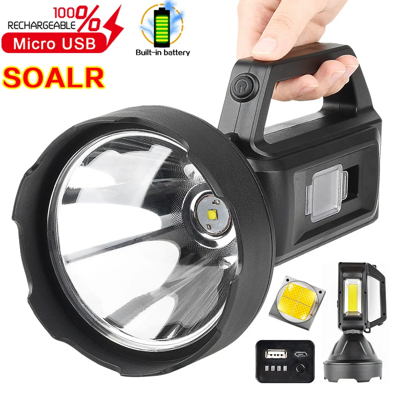 High Power LED+COB Solar Spotlight Portable Searchlight USB Rechargeable Flashlight Waterproof Torch Camping Power Bank Lantern