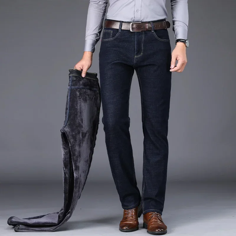 Pantalones vaqueros cálidos de lana para hombre, pantalón vaquero grueso informal de negocios de estilo clásico, corte Regular, color negro y azul, novedad de invierno de 2024