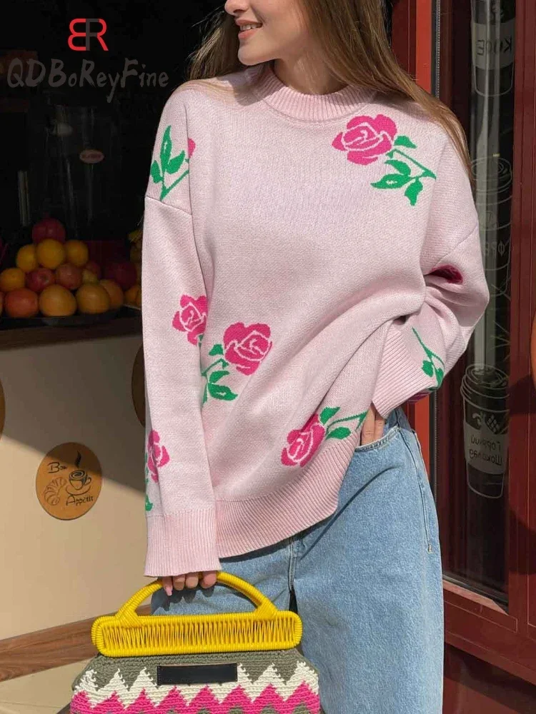 Autumn Winter Oversized Sweater Women Flower Printed Casual Long Sleeve Tops Chic Jumper Thick Warm Knitted Pullovers for Women