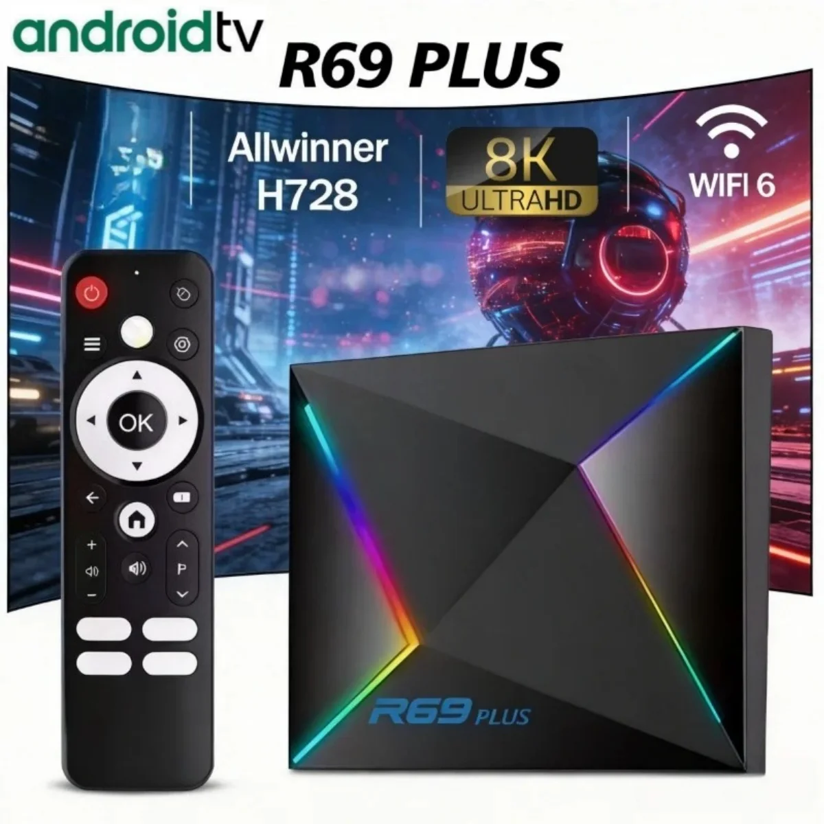 R69 Plus TV Box Android14 Allwinner H728 Octa Core 4GB 64GB HDR10 8K 1000M Ethernet WiFi 6 BT5.0 Media Player Set Top Box