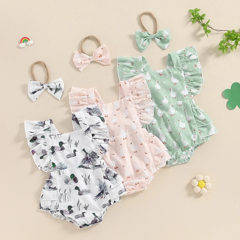 

Tregren Newborn Baby Girls Rompers Duck Print Ruffles Fly Sleeve Bodysuits Summer Infant Jumpsuit Clothes with Headband Sets