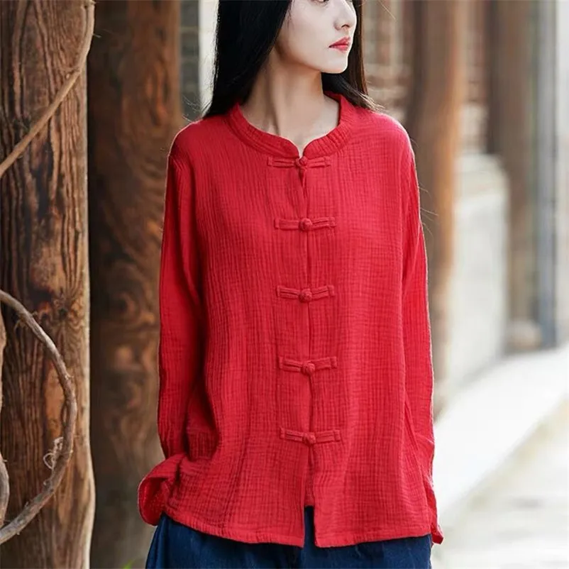 

Women's plus Size Cotton Linen Button-Up Shirt Vintage Chinese Style Casual Long Sleeve Top for Spring/Autumn