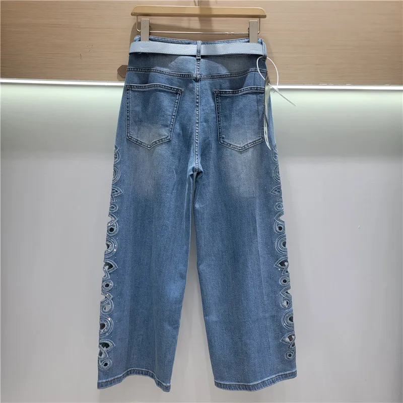 ANJY Spring Summer New Women Washed Retro Hollow Out Diamonds Straight Denim Pants Loose Trendy Embroidered Cropped Pants A24678