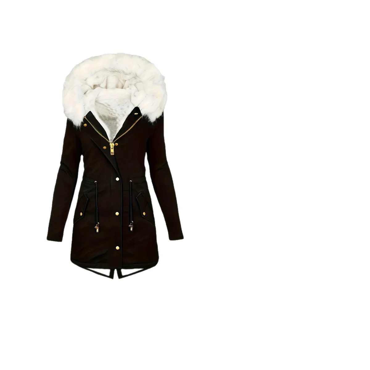 Spliced Fleece Women Parkas Covered Button Parka Zipper Cardigan Outerwear Hooded Long Sleeve Jackets Solid Casual Loose