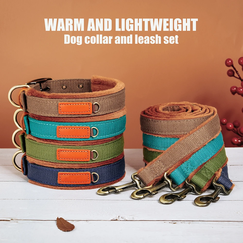 Nylon Dog Collar Leash Set Warm Plush Dog Collars Lead Adjustable Pet Necklace With Rope Winter Collars for Small Large Dogs Pug