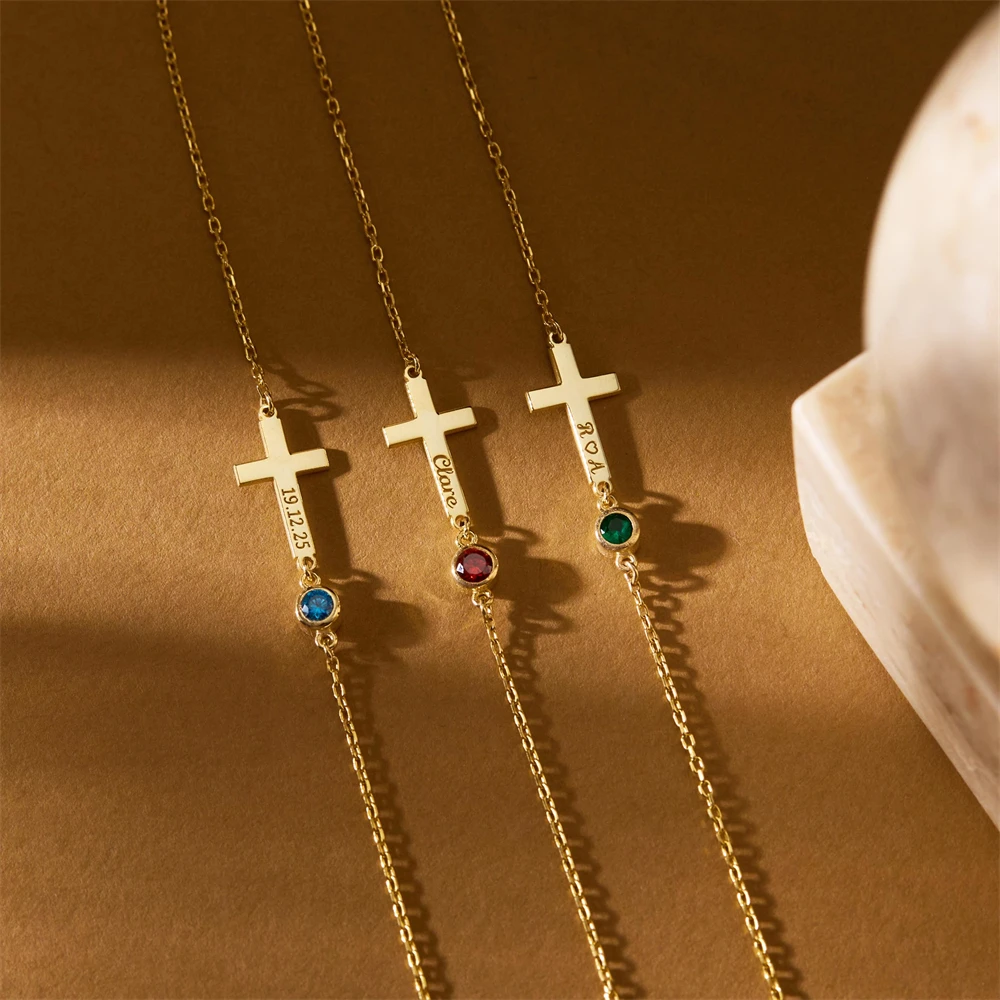 Pulsera personalizada con nombre de cruz y joyería de piedra natal, pulsera chapada con nombre personalizada de acero inoxidable para mujer, regalo cristiano