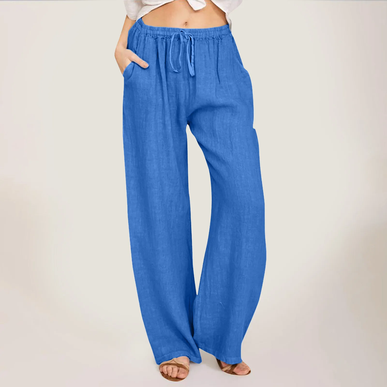 

Women High Waisted Wide Leg Pants Fashion Drawstring Elastic Trousers Comfy Straight Leg Long Pants With Pockets 2024 Wear