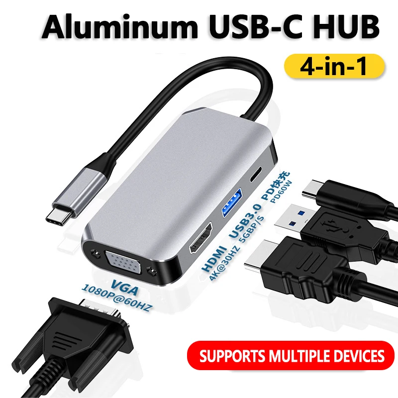 

USB C HUB 4in1, USB Type-C to HDMI VGA Adapter, USB C to USB Adapter, USB Type-C Power Delivery, Compatible with macbook Pro/air