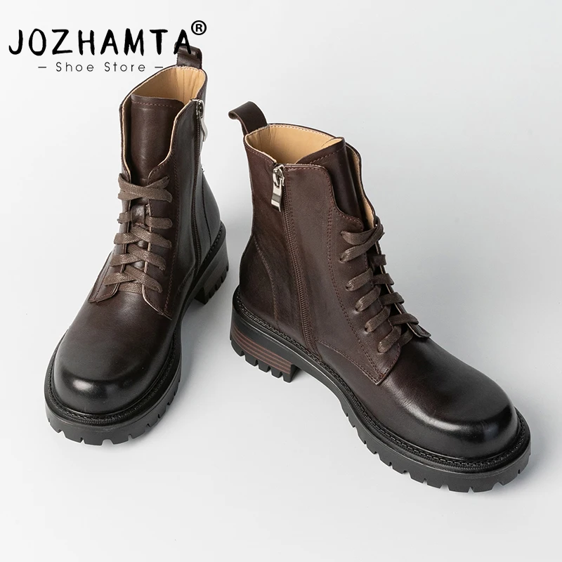 

JOZHAMTA Size 33-41 Women Ankle Boots Genuine Leather Lace-Up Platform Shoes Thick Heels Fall Winter Short Booties Casual Office