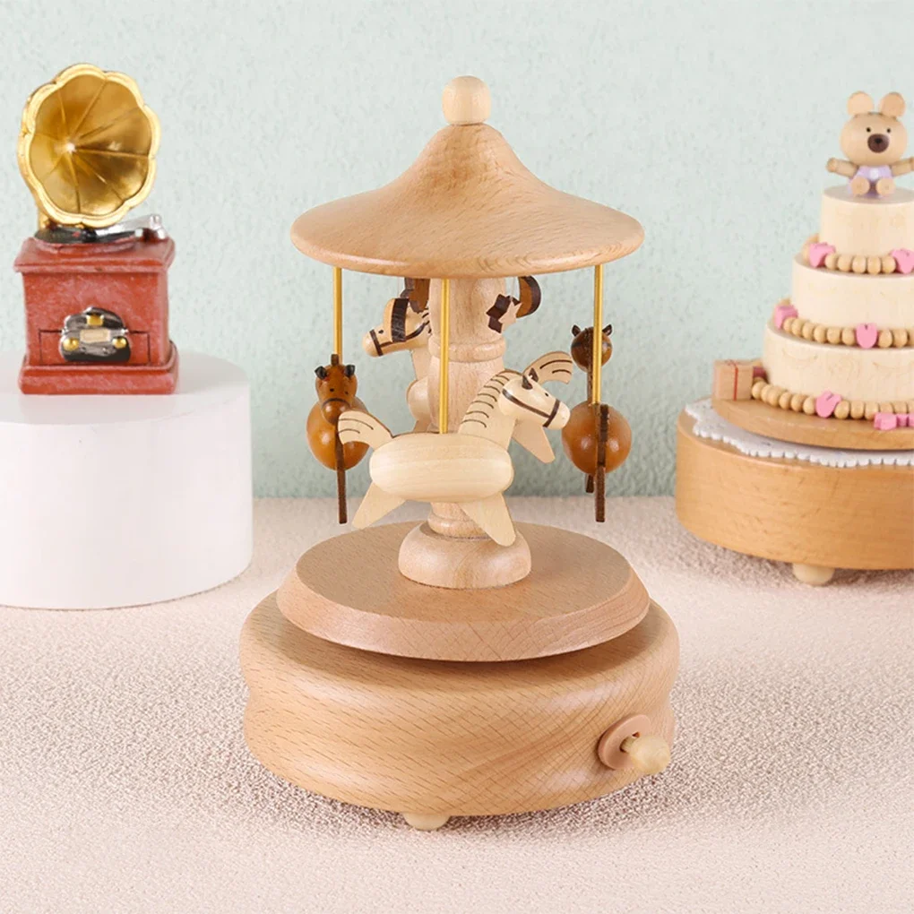 Wooden Carousel Music Box Ornaments Rotatable Hand-cranked Music Box DIY Handmade Birthday Christmas Gift Children’s Toys