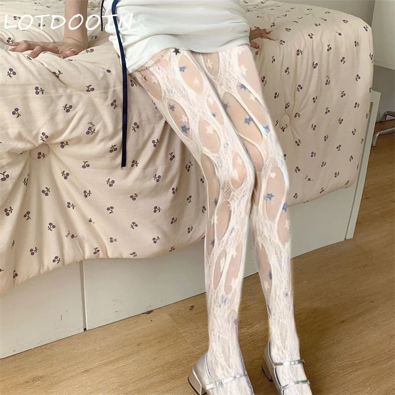 

LOTDOOTN Punk Y2K Hollowed-out Retro Lace Sexy Stocks Gothic Women's Irregular Exposed Skin Tights Ripped Fishnet Thin Pantyhose