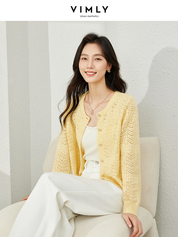 Vimly Yellow Hollow Out Cropped Knitted Cardigan Wool Blend Soft Knitwear 2024 Spring O-neck Single Breasted Thin Tops 72779