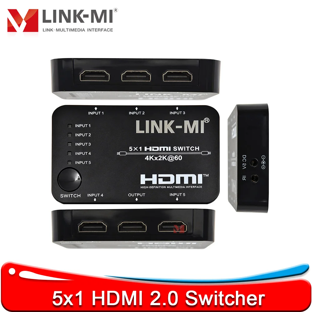 

Переключатель HDMI 2.0 LINK-MI 5x1, 4K@60Hz, HDCP 2.2, 5 входов 1 выход, HDR10, Dolby 3D, автоматическое и ручное переключение