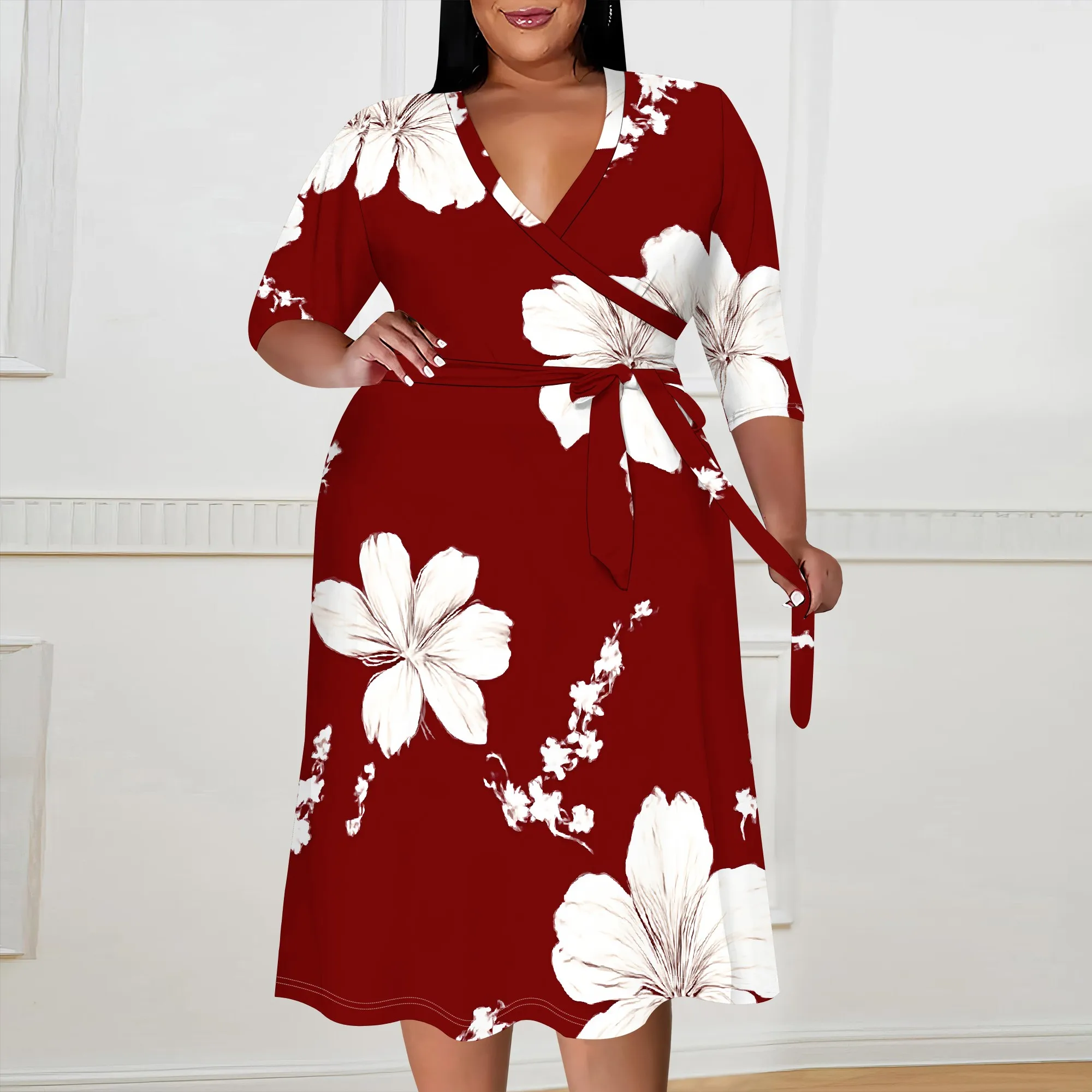 

Floral Print Women's Maxi Dress XL-6XL, V-Neck Casual Summer Dress with Belt, Red & White Hibiscus Flowers
