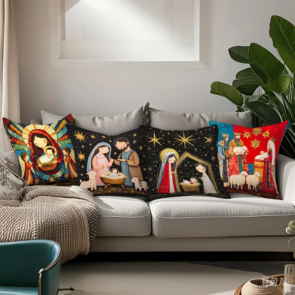4-Piece Printed Pillowcase Set – Nativity Scene Featuring Jesus, Virgin Mary, Joseph, Angel & Shepherds