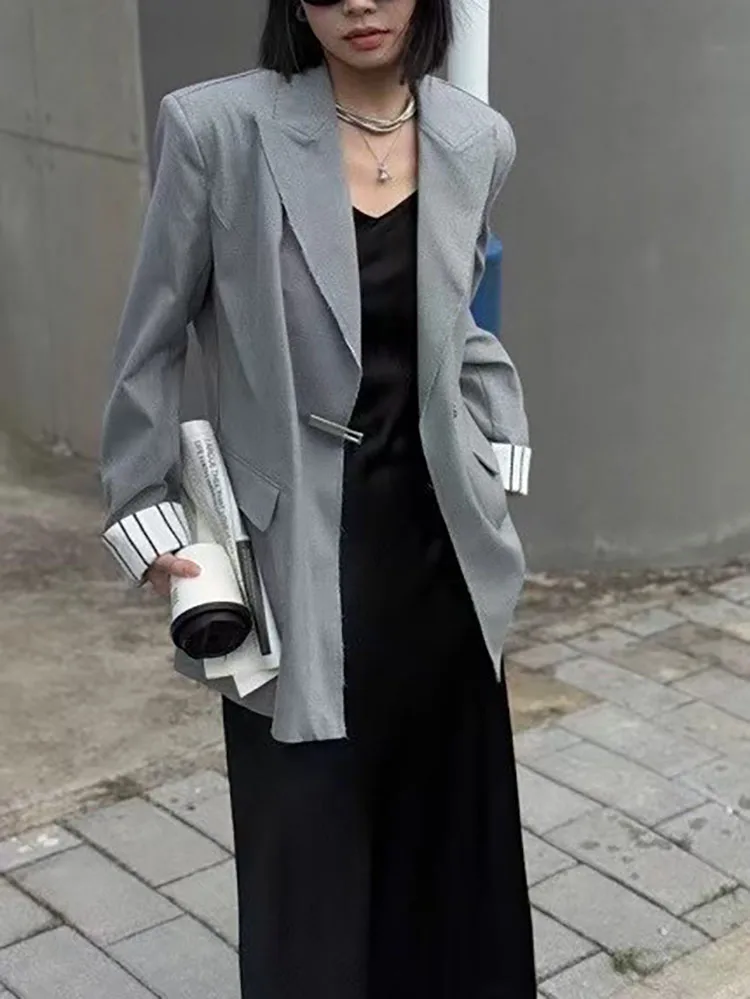 

Woman clothing y2k spring summer striped patchwork long sleeve shoulder pads blazer for women2025 fashion loose Women's jacket