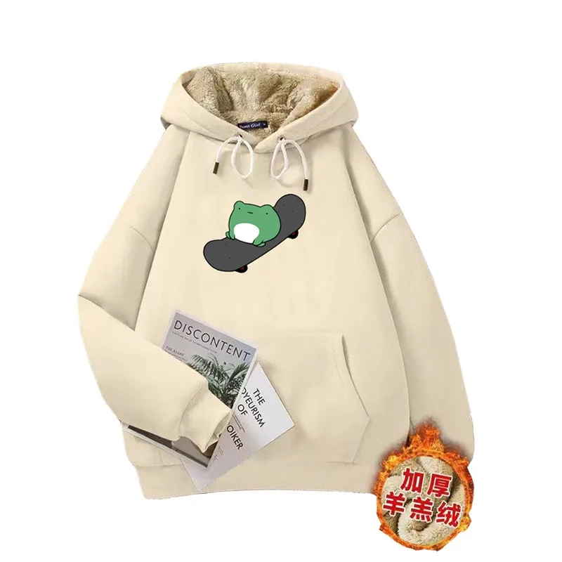 

Winter Coat Anime Skateboard Frog Oversize Sweatshirt Men Women Hoodies Harajuku Outside 95% Cotton Thick Warm Pullover Apricot