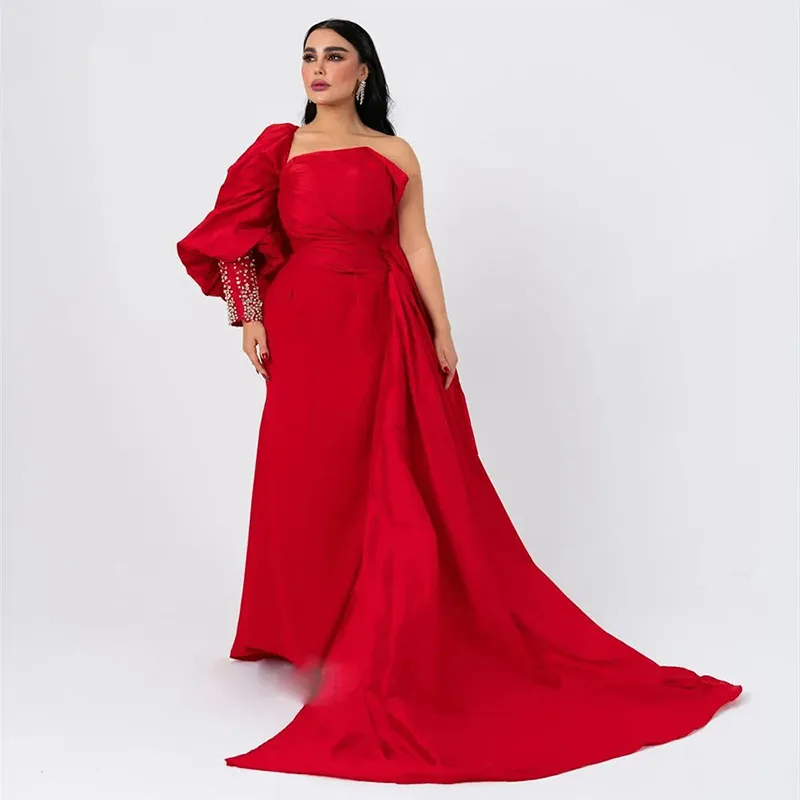 

Elegant Red Single Sleeve Mermaid Evening Dresses Beaded Pleat Formal Celebrity Dress Overskirt Arabic Dubai Birthday Party Gown