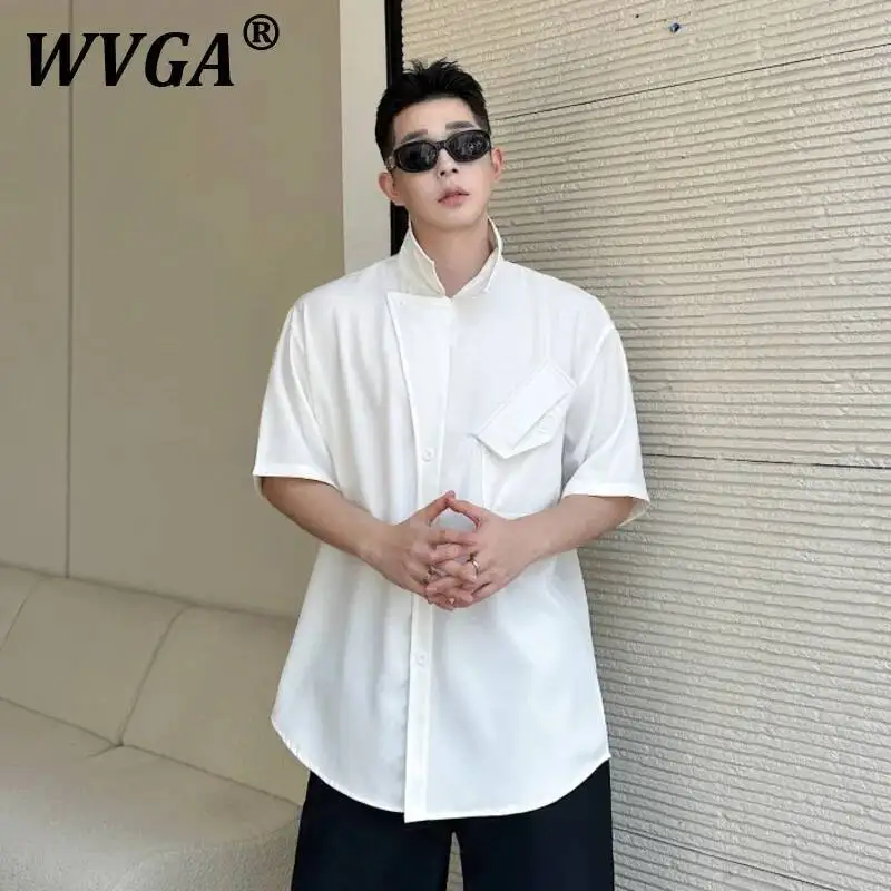 

WVGA Summer New Men Tide High Street Asymmetrical Stand Collar Design Trendy Short Sleeve Shirt Niche Chic Casual Tops Ins W7058