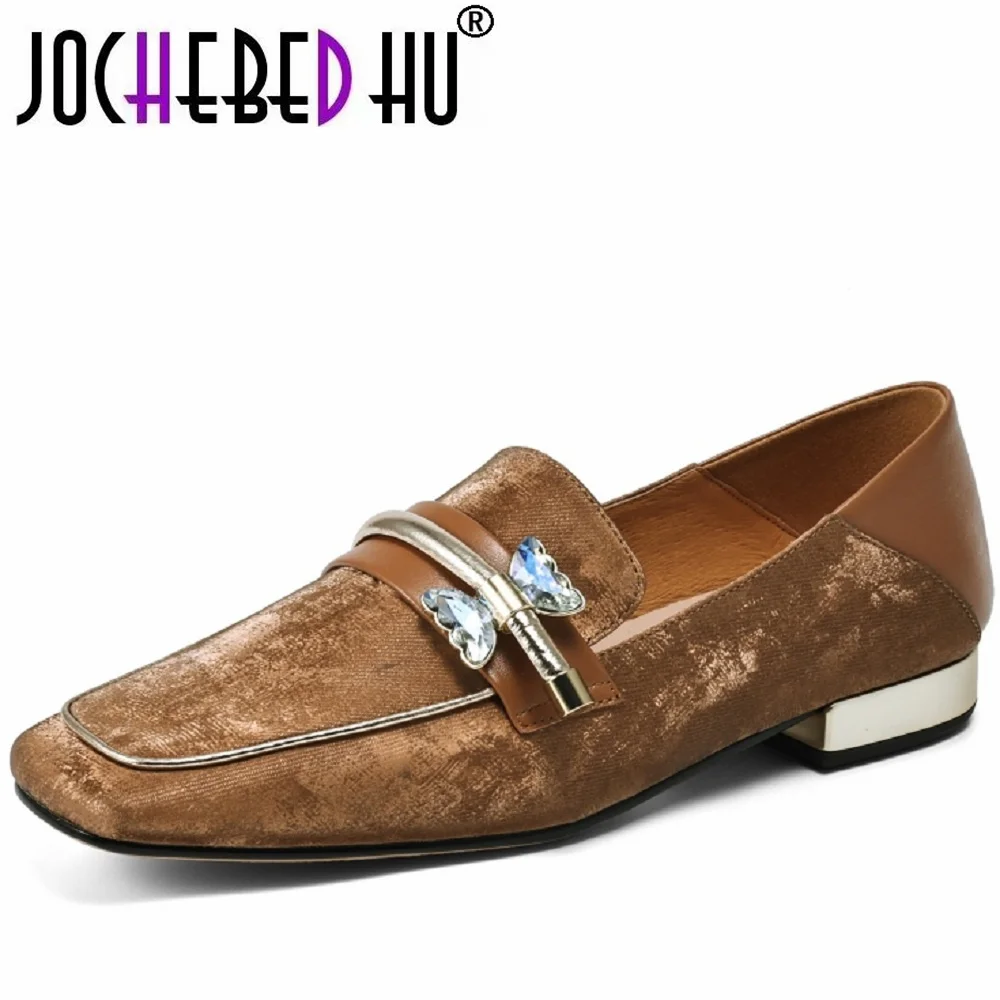 

【JOCHEBED HU】Women's Brand Handmade Footwear Genuine Leather Casual Square Toe Heels Low Heel Elegant Loafers 33-43