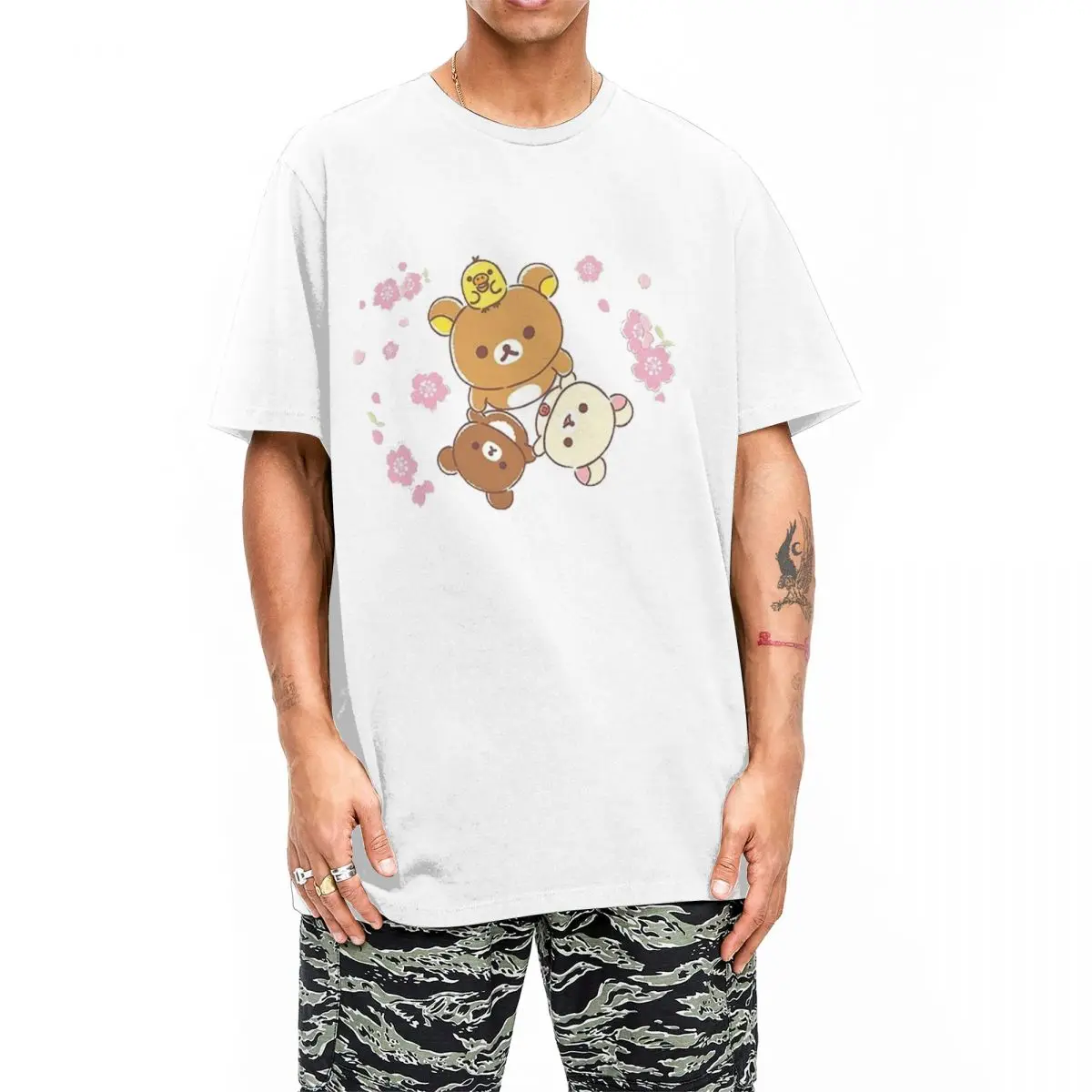 Rilakkuma Sakura T-Shirts for Men Women Cute Brown Bear Unique Cotton Tee Shirt Round Collar Short Sleeve T Shirt Summer Clothes