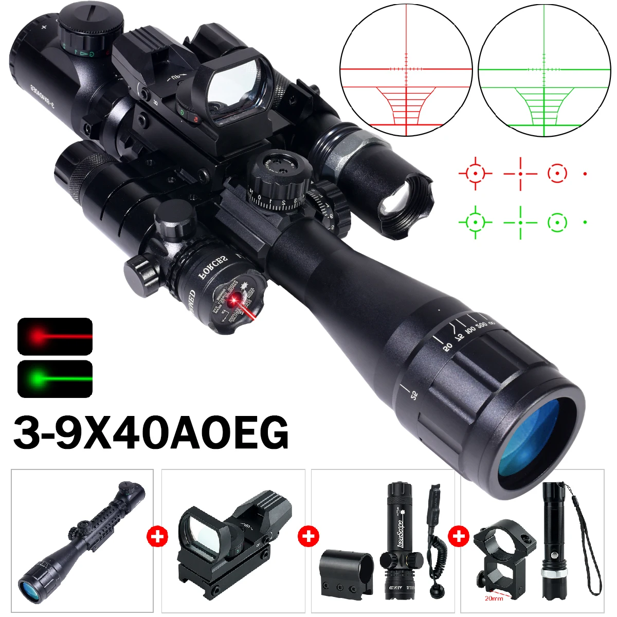 Tactical 3-9X40AOEG Optical Sight Adjustable Sniper Scopes Red Dot Flashlight Laser Combo Riflescope Hunting Acsessories