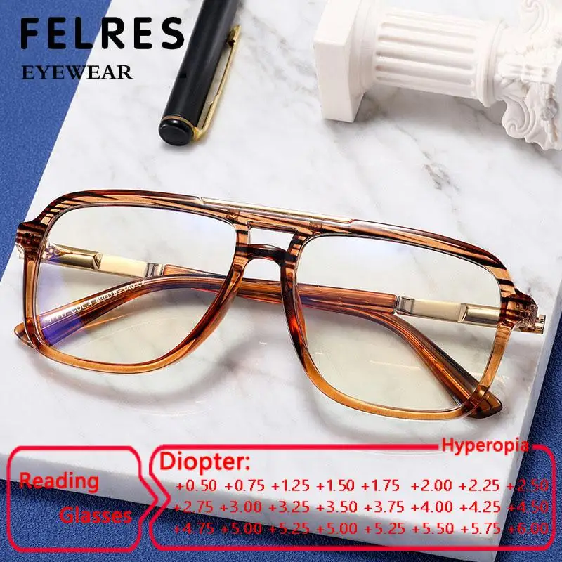 

Fashion Double Bridges Reading Glasses Vintage Men Tea Stripe Anti-Blue-Ray Optical Computer Glasses Presbyopia Eyewear FELRES