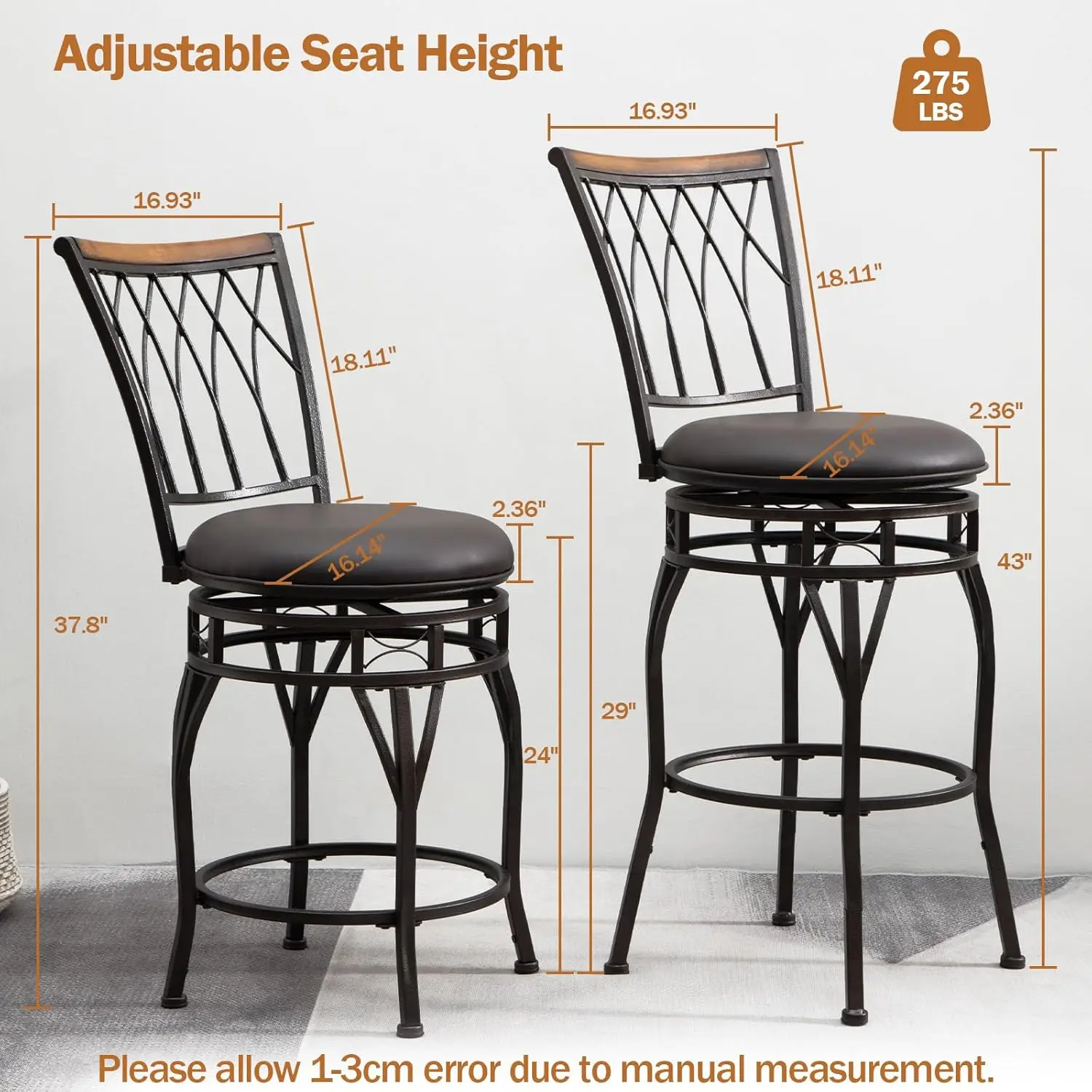 SICOTAS Swivel Bar Stools Set of 4: 24/29 Inch Adjustable Seat Height Barstools with Back Metal Bar Stool with Upholstered PU