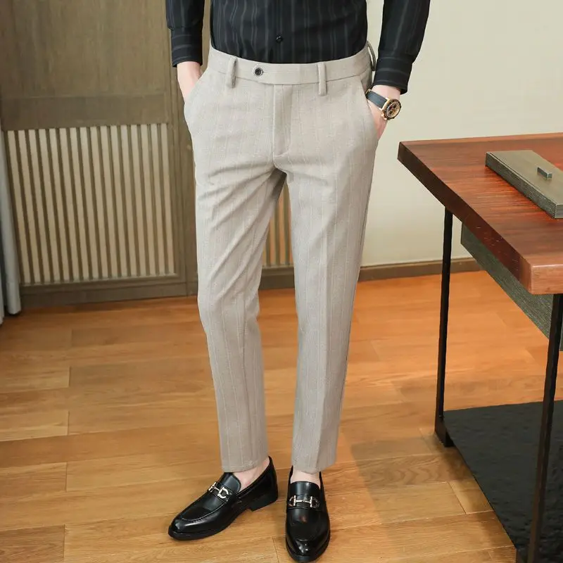 

2023 New Men's Autumn Winter Striped Business Casual Pants Male Slim Fit Suit Pants Pants Men High Waist Dress Trousers H253