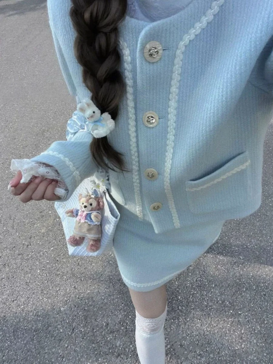 Early Spring Outfit, Gentle Street Style Sweet Blue Tweed Suit Set for Women, Tea-infused Top with Elegant Lady-like Quality