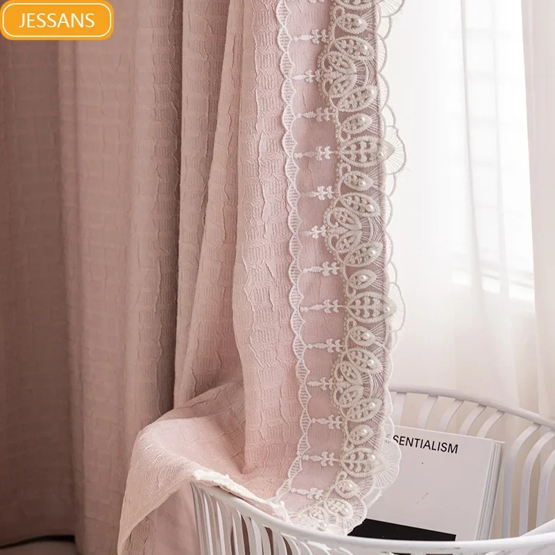 Small Fragrant Crease French Pink Jacquard Lace Patched Curtains for Living Room Bedroom French Window Custom Balcony