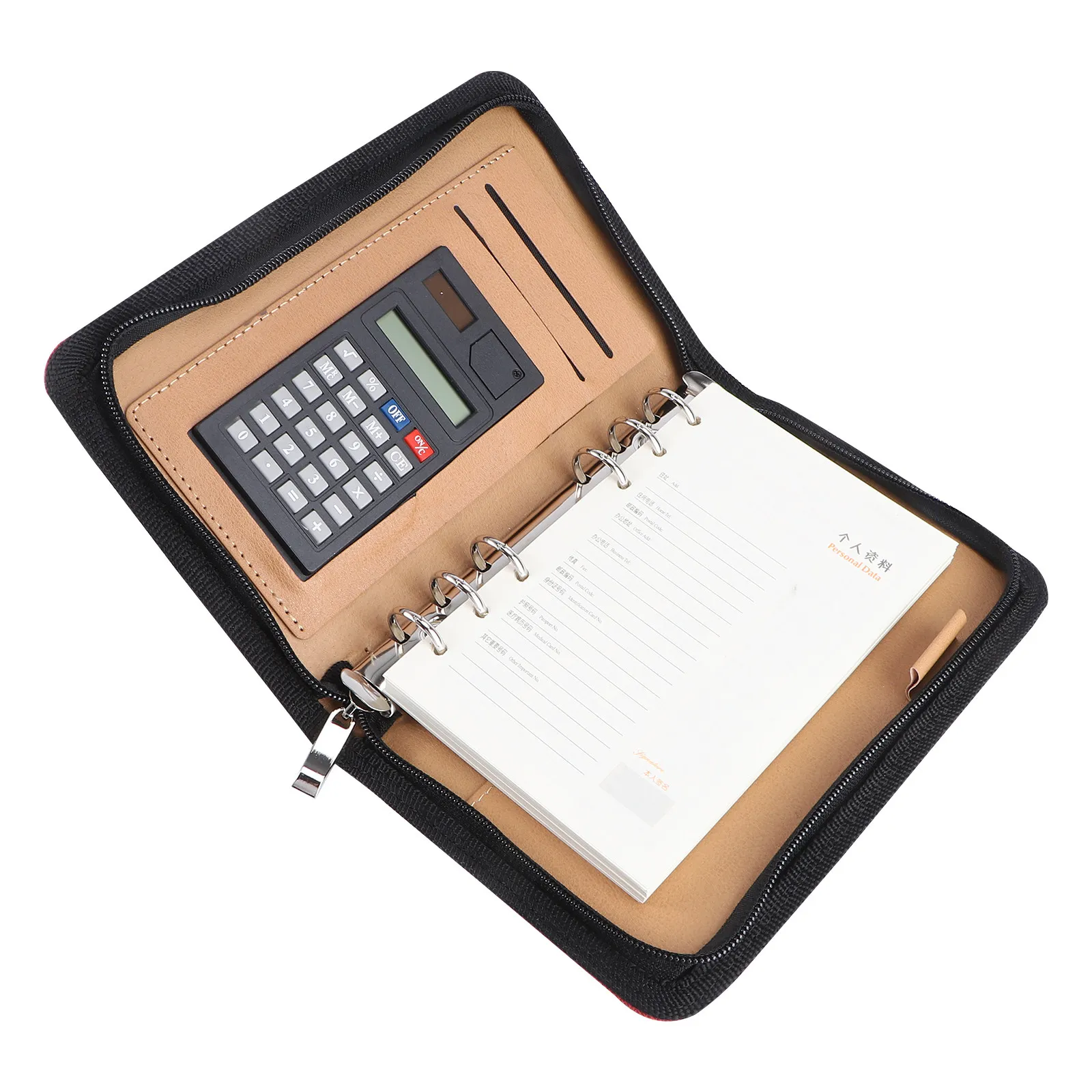 

PU Cover A6 Zipper Notebook Loose-Leaf Business Notepad Red Calculator Organizer Travel Meeting Conference Binder